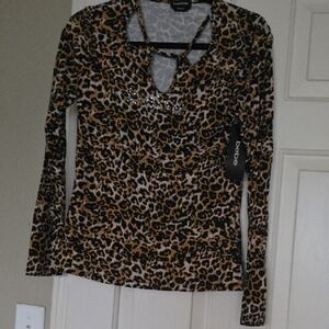 Bebe Black and Brown Leopard Print Blouse